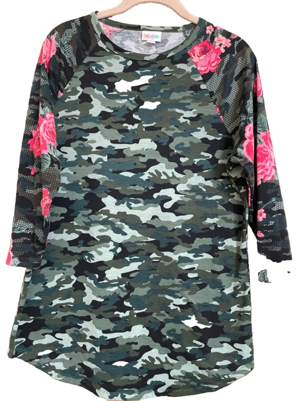 LuLaRoe Long Sleeve Camo Tee with Pink Floral Raglan Sleeves